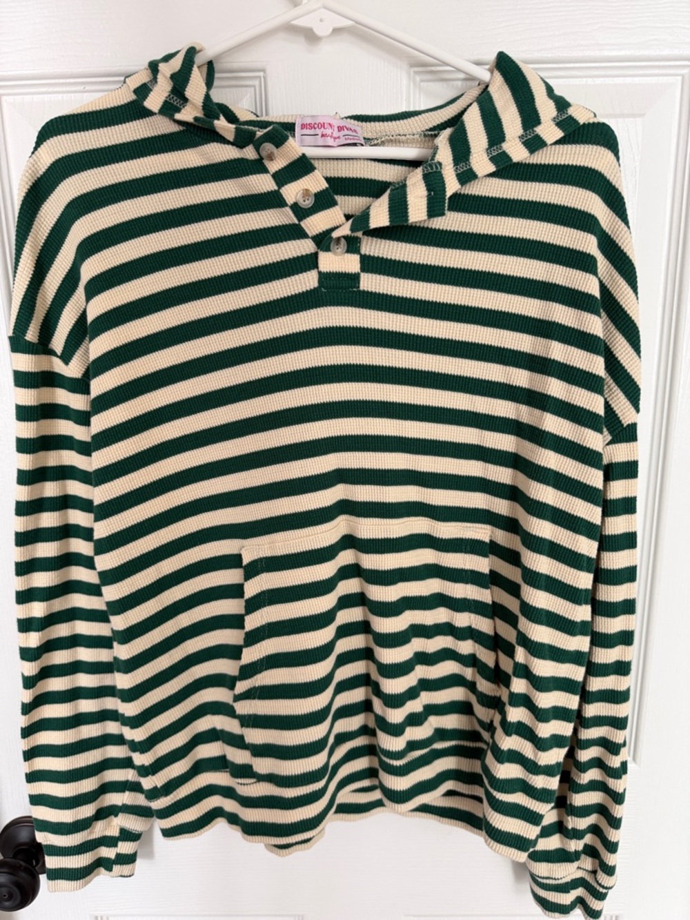 Striped Green and Cream Hooded Knit Pullover